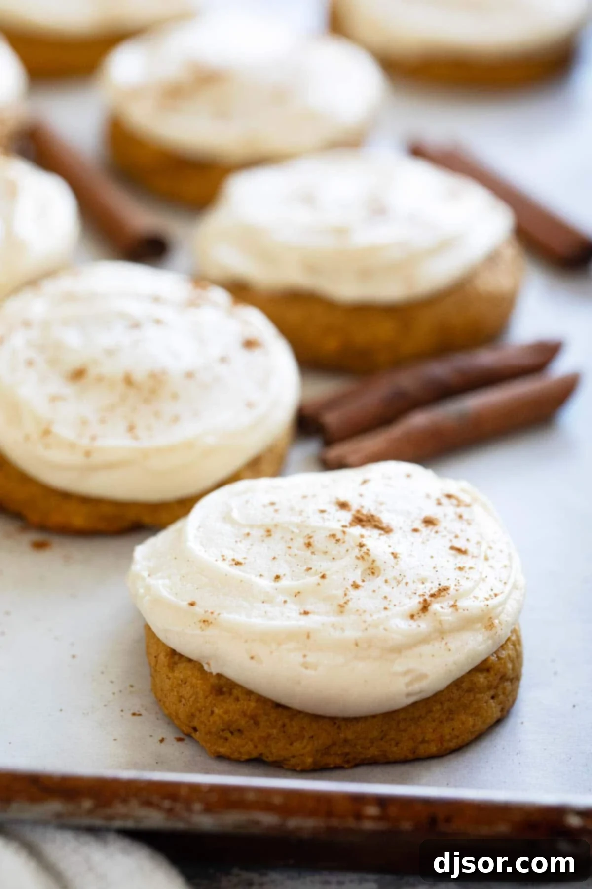 Cream Cheese Frosted Pumpkin Spice Cookies 2 Soft Pumpkin Cookies with Cream Cheese Frosting with cinnamon dusted on top of cookies.