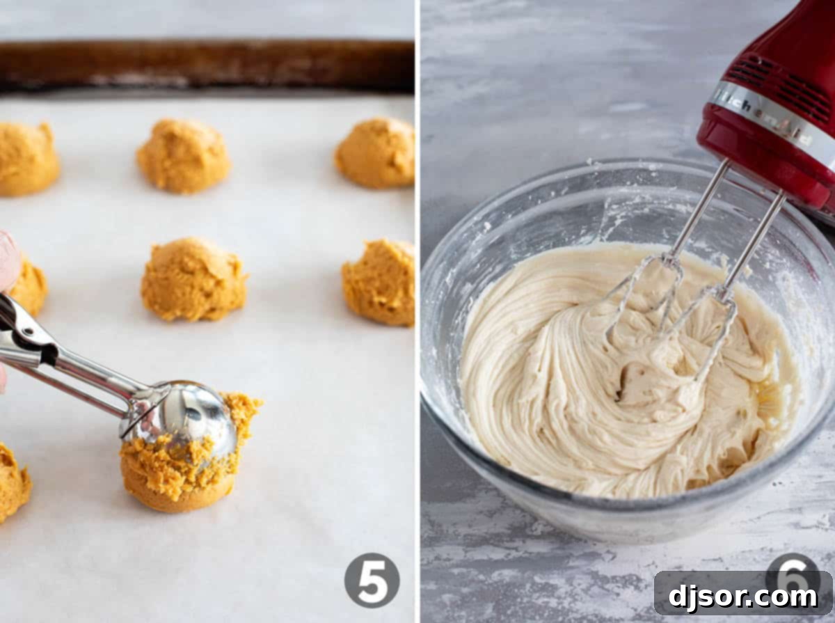 Cream Cheese Frosted Pumpkin Spice Cookies 6 Pumpkin Cookies dough on parchment paper, and mixing cream cheese frosting.