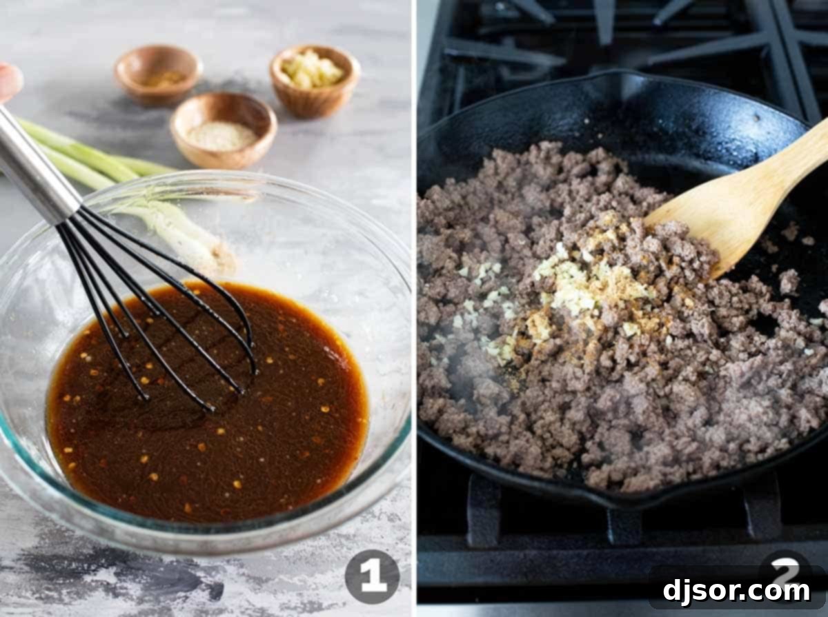 A two-part image showing the preparation process: on the left, sauce ingredients are being whisked in a bowl; on the right, ground beef is browning in a skillet with added garlic and ginger.