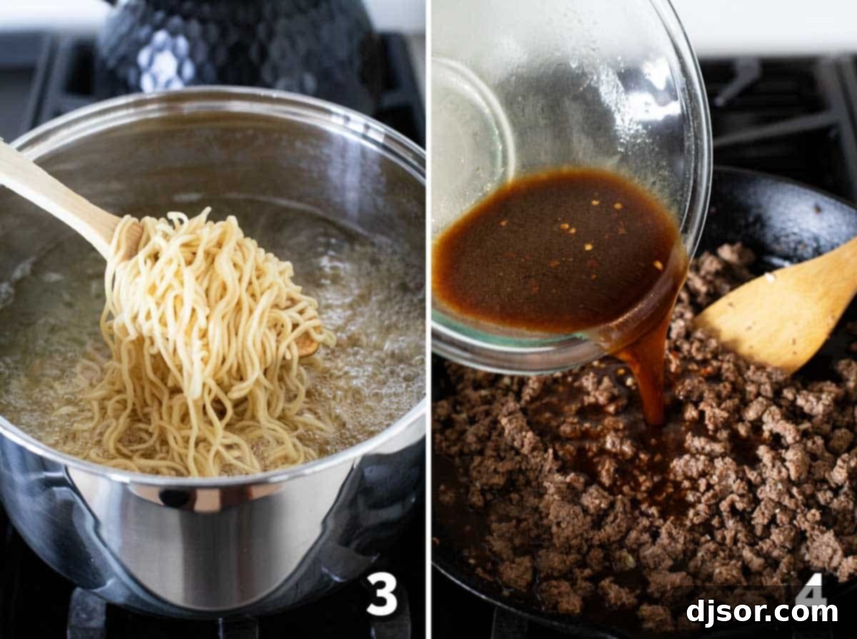 A two-part image depicting the cooking process: on the left, ramen noodles are boiling in a pot; on the right, the prepared sauce is being poured into a skillet with cooked ground beef.