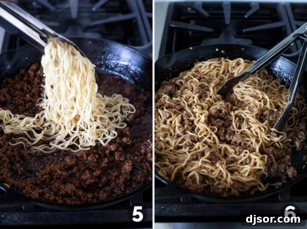 A two-part image showing the final steps of preparation: on the left, cooked ramen noodles are being added to the ground beef mixture in a skillet; on the right, the noodles are being thoroughly mixed into the saucy beef.