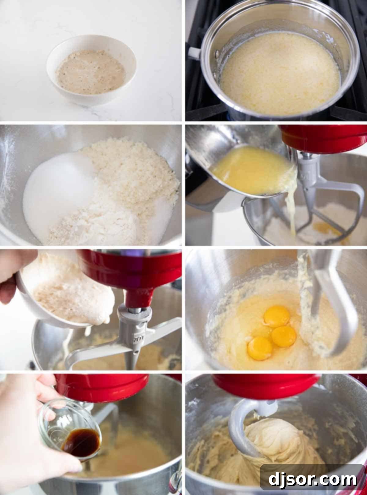 Soft and slightly sweet, this Hawaiian Bread is the perfect side dish to any Hawaiian meal. Serve it up as a side with butter, and save a loaf for French toast the next day! A step-by-step visual guide showing the process of mixing ingredients and kneading the dough for Hawaiian Bread.