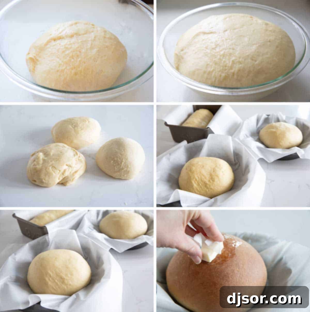Soft and slightly sweet, this Hawaiian Bread is the perfect side dish to any Hawaiian meal. Serve it up as a side with butter, and save a loaf for French toast the next day! A series of images demonstrating the rising and baking process of Hawaiian Bread, showing the dough in various stages of proofing and the finished golden loaves.