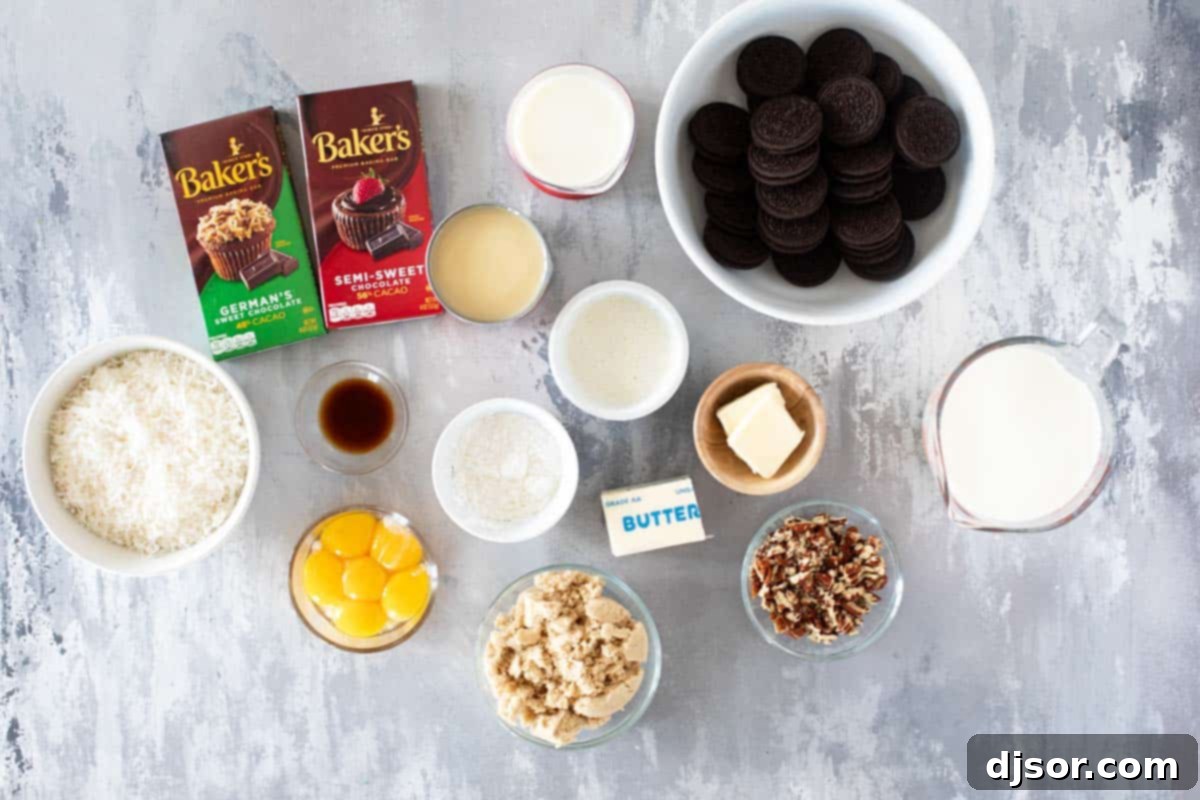 German Chocolate Indulgence 3 Array of ingredients neatly laid out for making German Chocolate Pie, including chocolate, eggs, milk, and pecans.