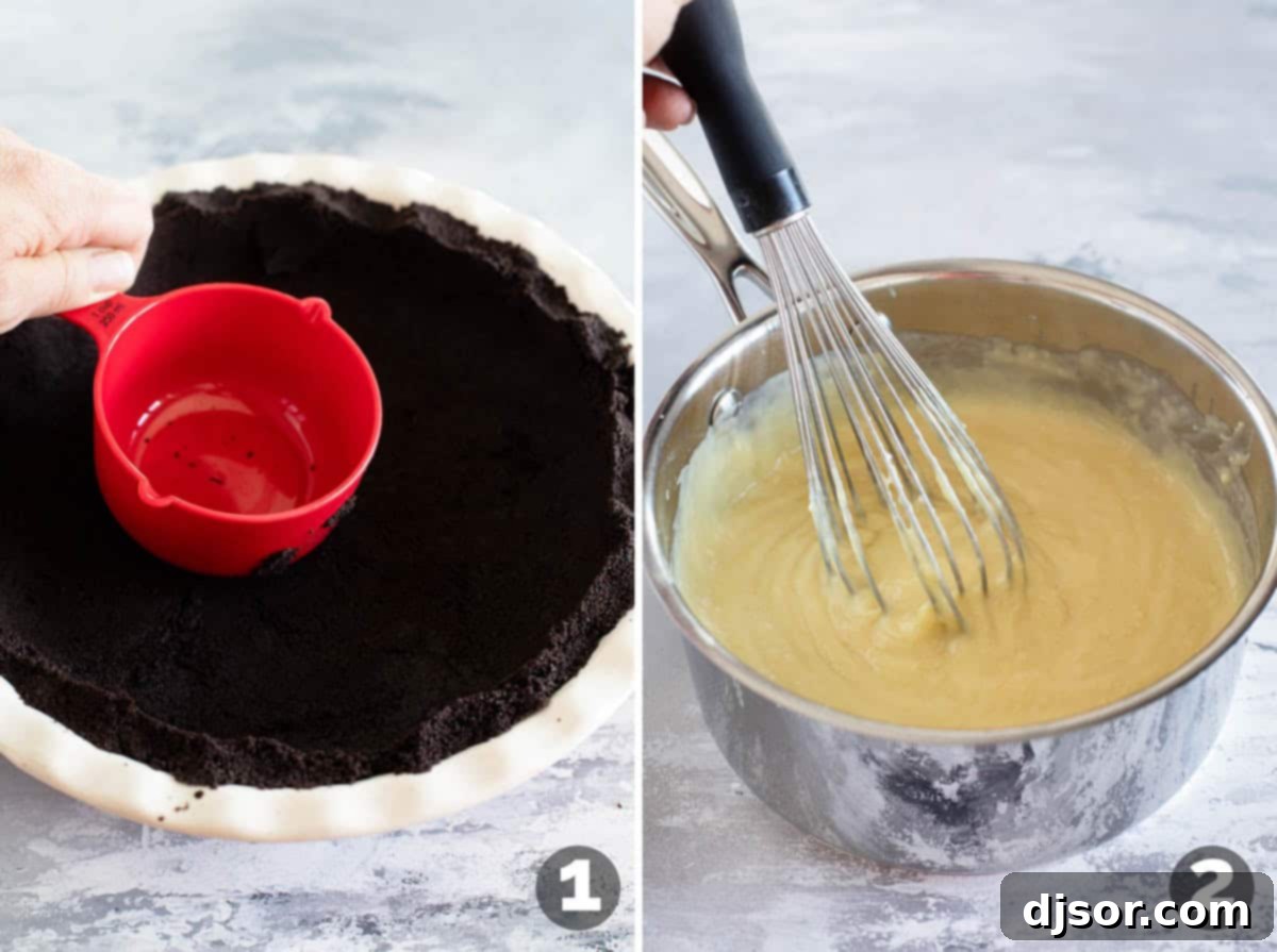 German Chocolate Indulgence 4 Process shots showing how to make the Oreo crust and prepare the initial chocolate filling mixture for German Chocolate Pie.