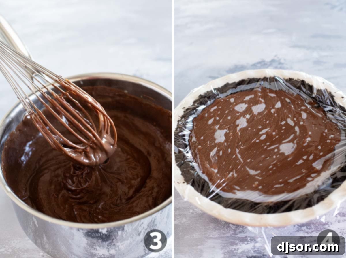 German Chocolate Indulgence 5 Smooth chocolate filling being poured into an Oreo crust, followed by the pie chilling in the refrigerator.