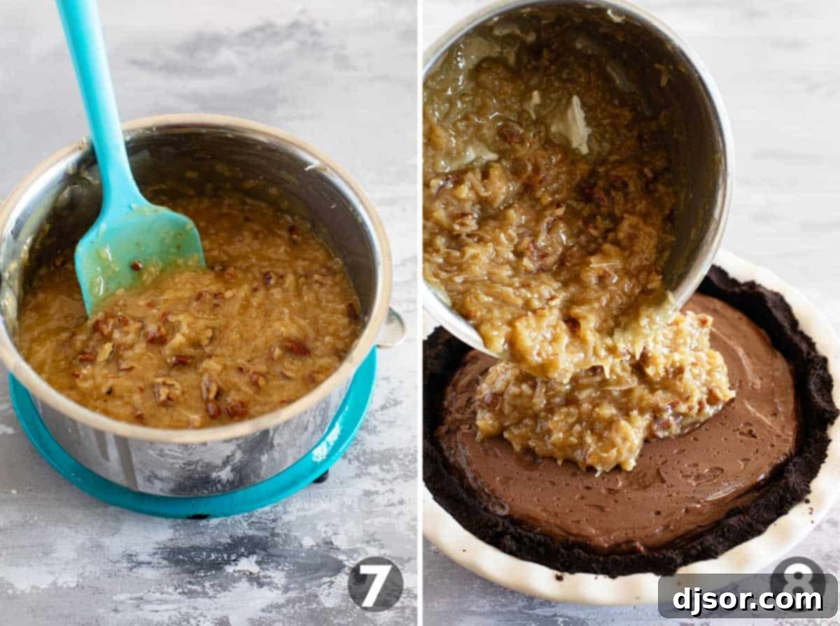 German Chocolate Indulgence 7 Gooey coconut pecan topping being spread over the chilled chocolate pie, ready for final refrigeration.