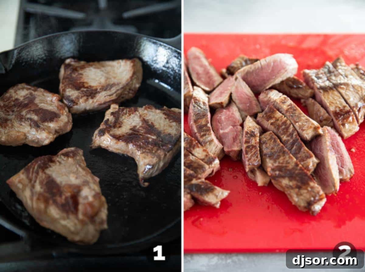 Fall-Apart Slow Cooker Pepper Steak 4 Browning steak and cutting into slices for Slow Cooker Pepper Steak.