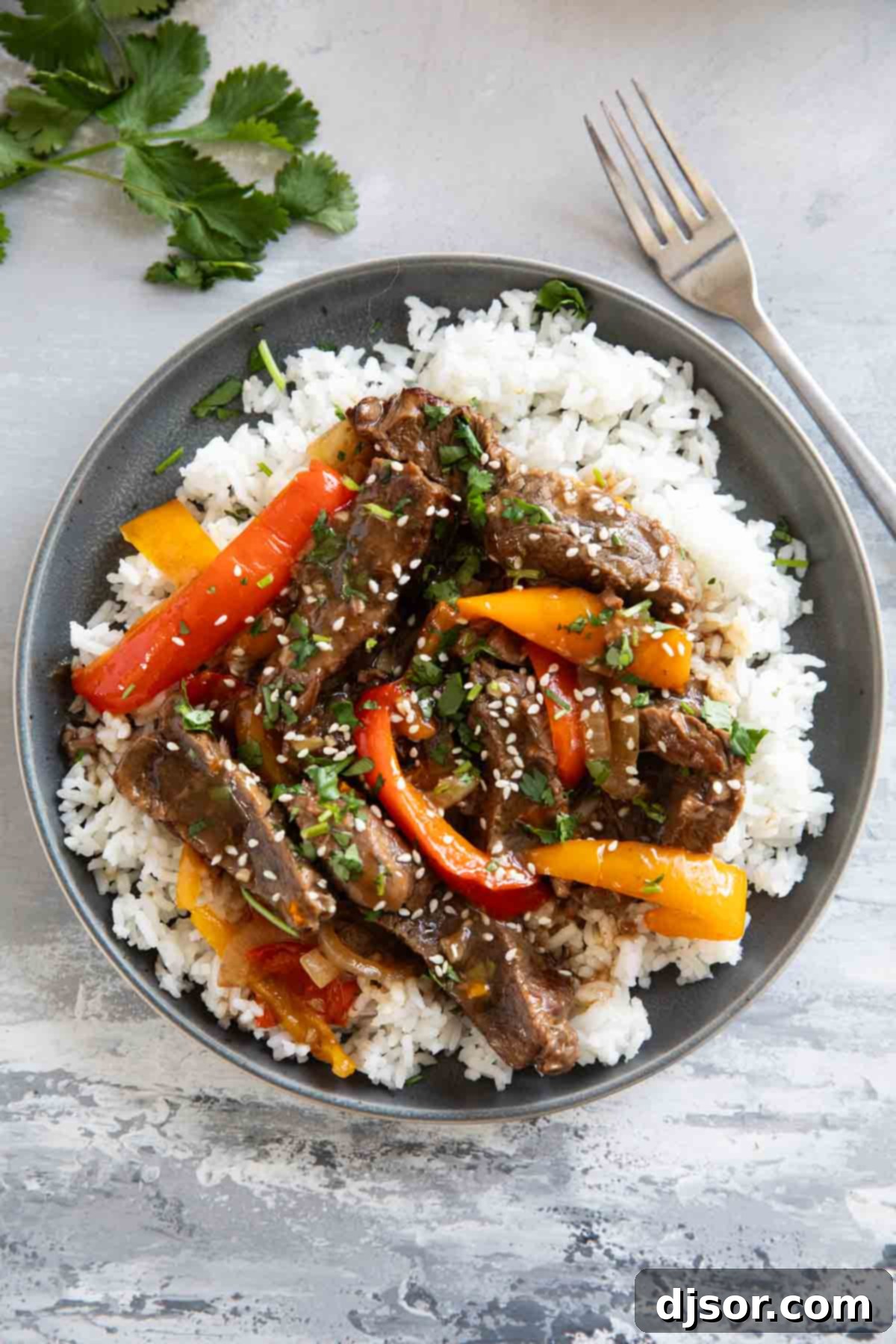 Fall-Apart Slow Cooker Pepper Steak 7 Plate filled with Slow Cooker Pepper Steak over rice, topped with cilantro.