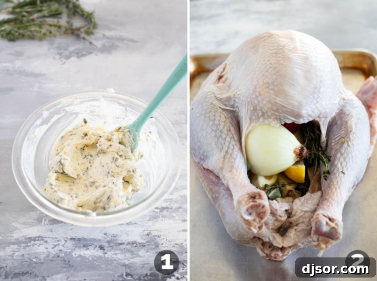 The Ultimate Roast Turkey 4 Close-up images showing the preparation steps for roast turkey: one picture shows a bowl of herb butter being mixed, while another depicts fresh lemons, onions, and herbs being placed into the turkey's cavity.