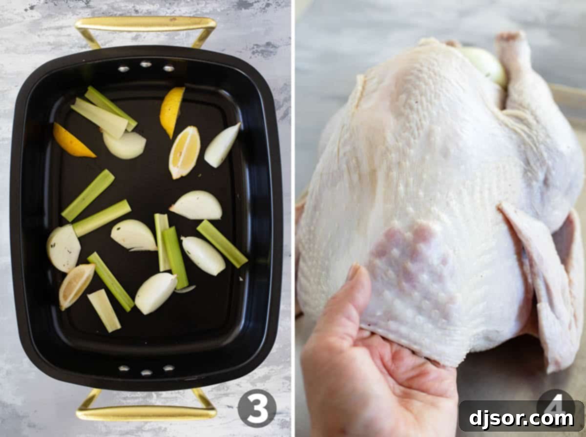 The Ultimate Roast Turkey 5 Two images: one shows quartered onions, lemons, and celery placed at the bottom of a large roasting pan. The other image depicts hands carefully separating the skin from the breast meat of a raw turkey, creating a pocket for butter application.