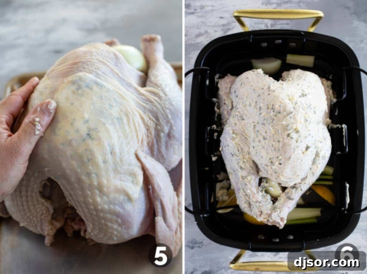 The Ultimate Roast Turkey 6 Hands carefully spreading a generous amount of herbed butter underneath the skin of a raw turkey breast, ensuring even coverage before roasting.