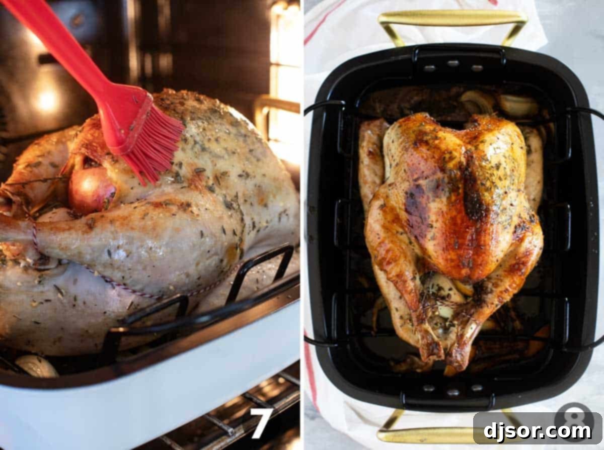 The Ultimate Roast Turkey 7 Two images: one shows a hand basting a golden-brown roast turkey with drippings using a pastry brush, ensuring a moist exterior. The second image presents a fully roasted turkey, perfectly browned, resting in its roasting pan.