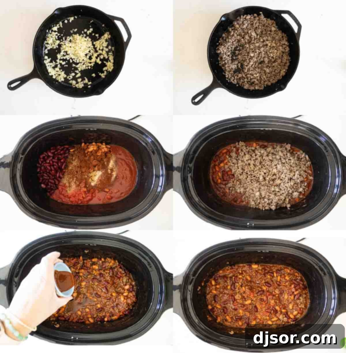 A visual guide displaying three steps for making crock pot chili: browning ground beef with onions and garlic, combining all ingredients in a slow cooker, and the finished chili ready to serve.