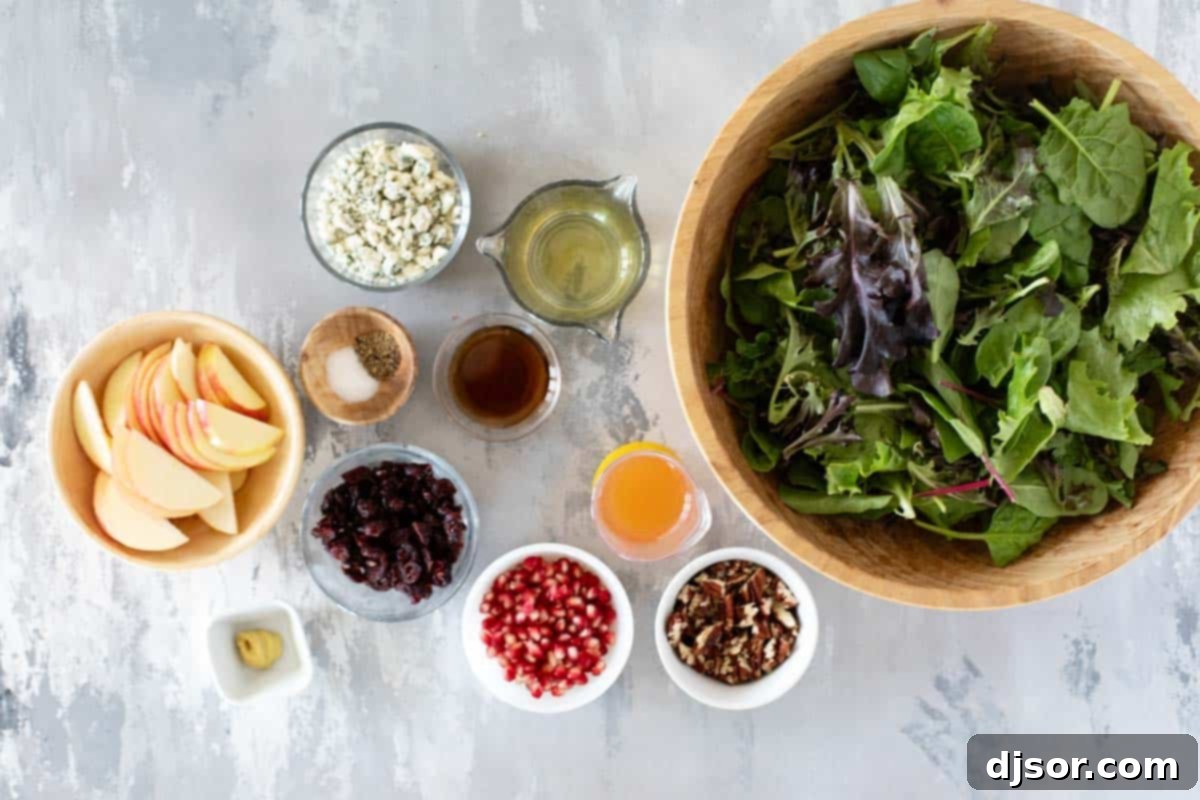 A flat lay photograph displaying all the fresh and vibrant ingredients required to assemble the Thanksgiving Salad.