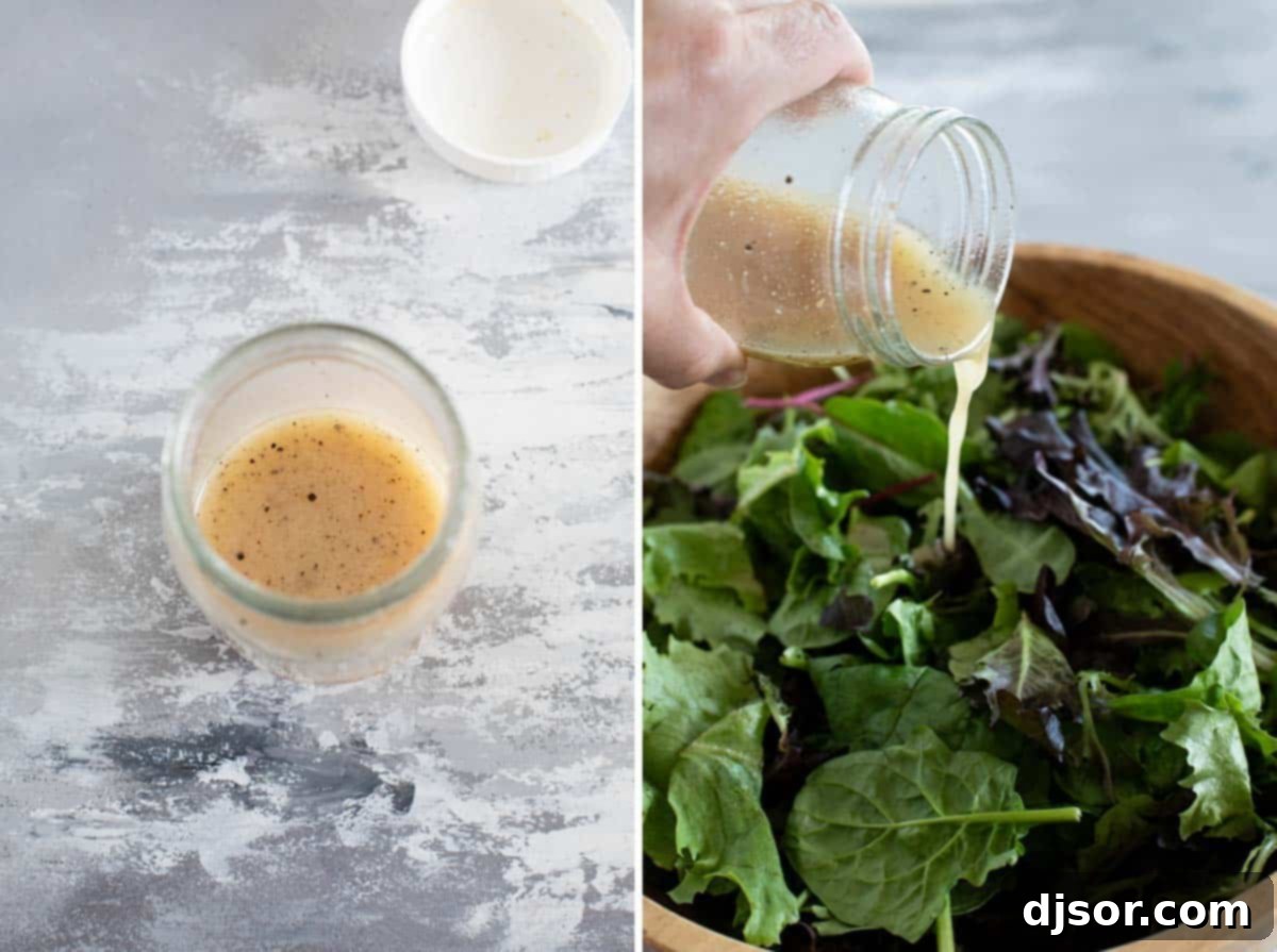 A close-up of making apple cider vinaigrette in a jar, then drizzling it over fresh mixed greens in a large bowl.