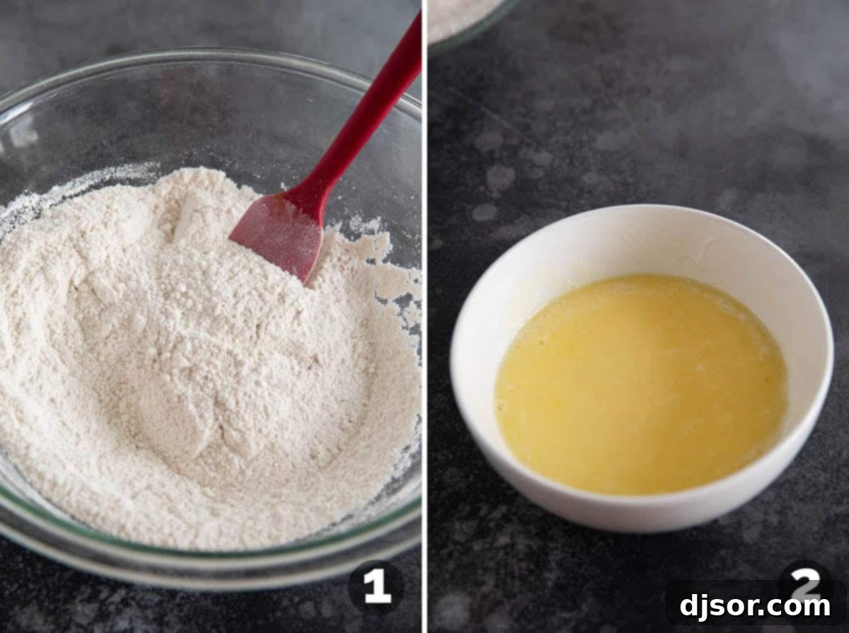 Separate bowls containing dry ingredients and wet ingredients (eggs and melted butter) for Mango Bread.
