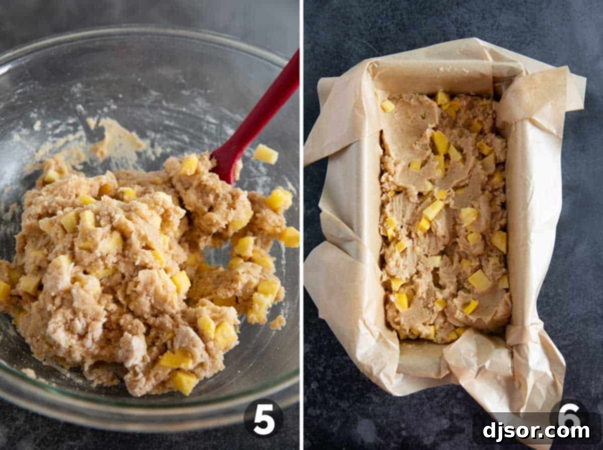 Mango bread batter in a mixing bowl and scooped into a prepared loaf pan.