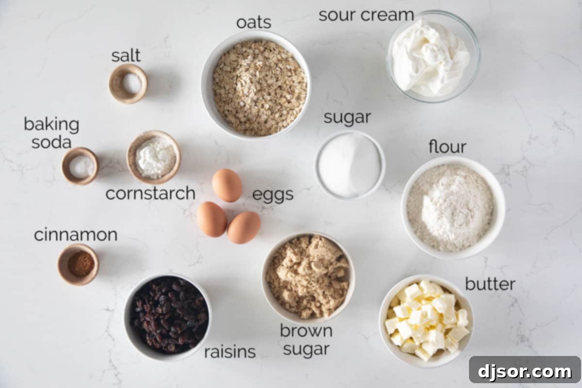 Golden Oatmeal Raisin Squares 3 Assortment of ingredients laid out for making Oatmeal Raisin Bars.