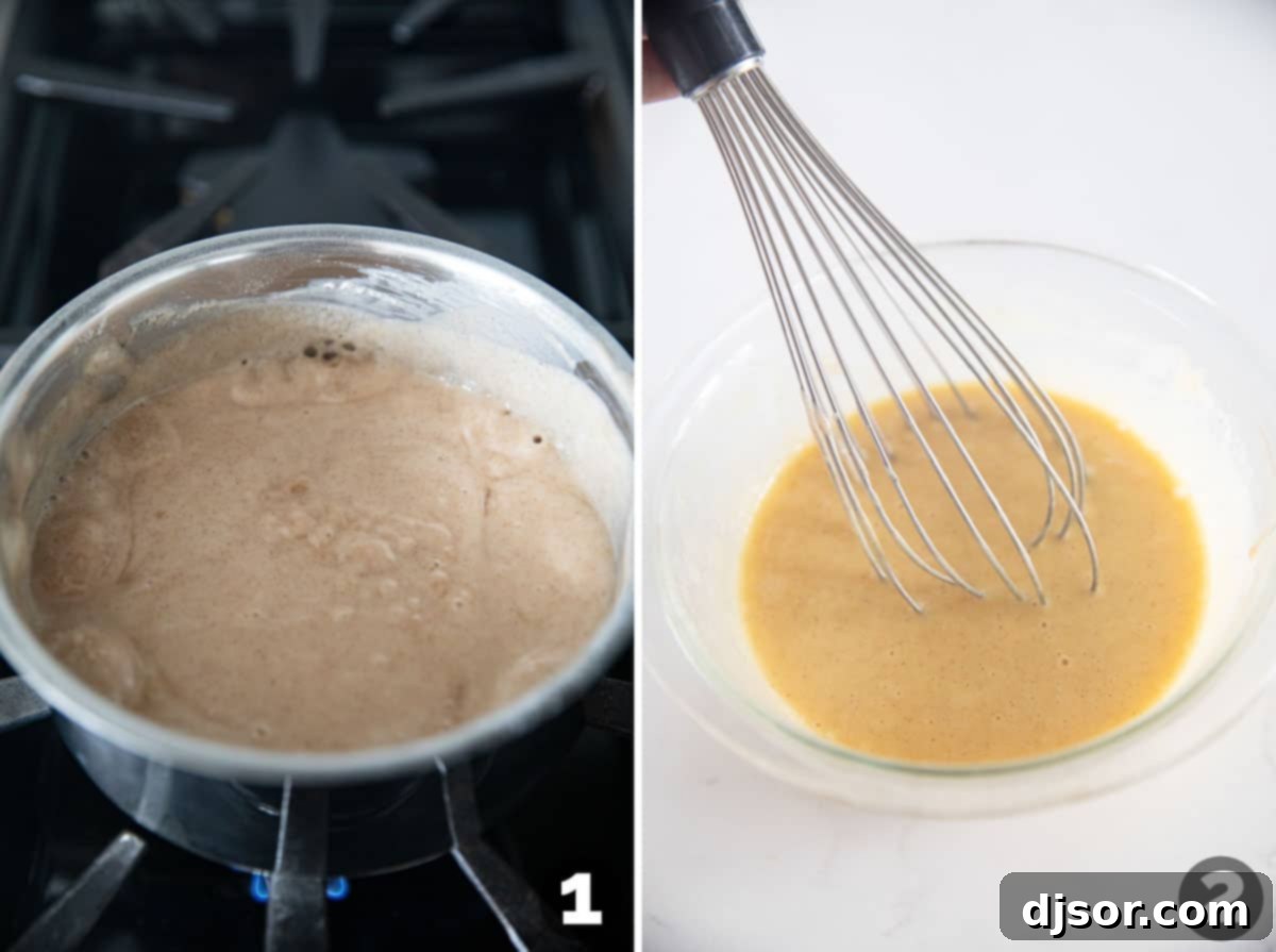 Golden Oatmeal Raisin Squares 4 Mixing the creamy filling for Oatmeal Raisin Bars in a saucepan.