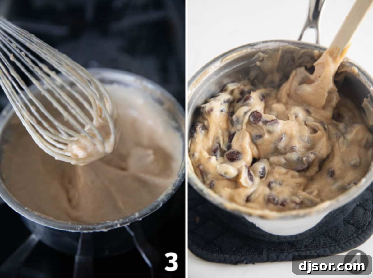 Golden Oatmeal Raisin Squares 5 Thickened raisin filling being stirred, with more raisins added.