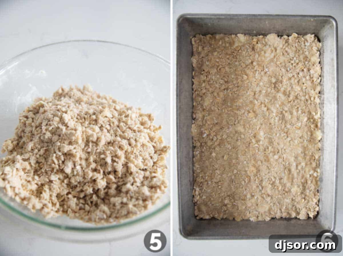 Golden Oatmeal Raisin Squares 6 Pressing the crumb mixture into the bottom of a baking pan for the crust.