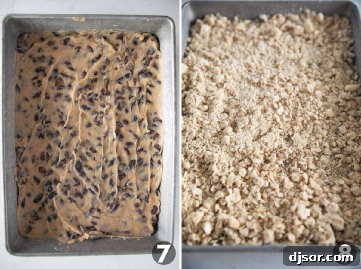 Golden Oatmeal Raisin Squares 7 Spreading raisin filling over the crust and adding the crumb topping.