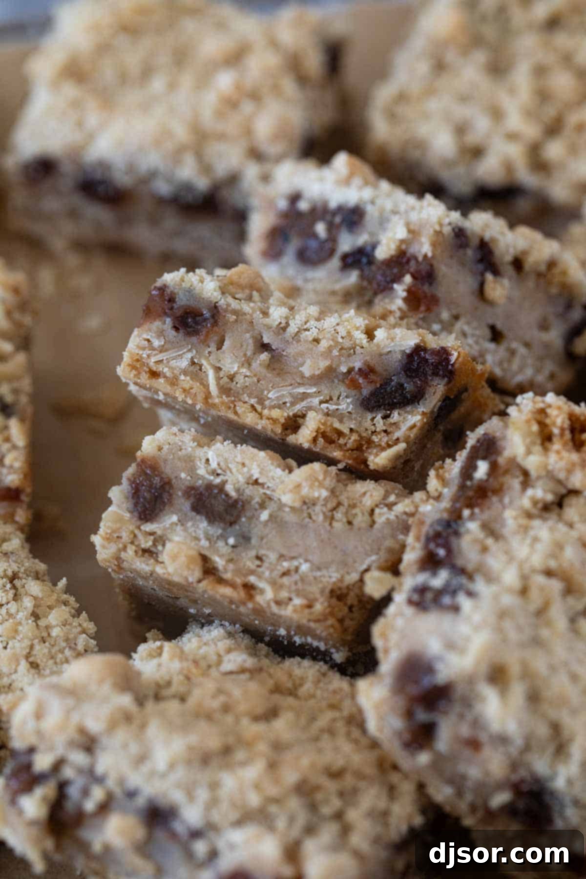Golden Oatmeal Raisin Squares 8 Stacked Oatmeal Raisin Bars showcasing their creamy center and crumb layers.