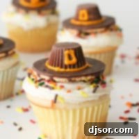 Gobble-Worthy Pilgrim Hat Cupcakes 4 Pilgrim Hat Thanksgiving Cupcakes made from cookies and candy, an easy and festive holiday treat.