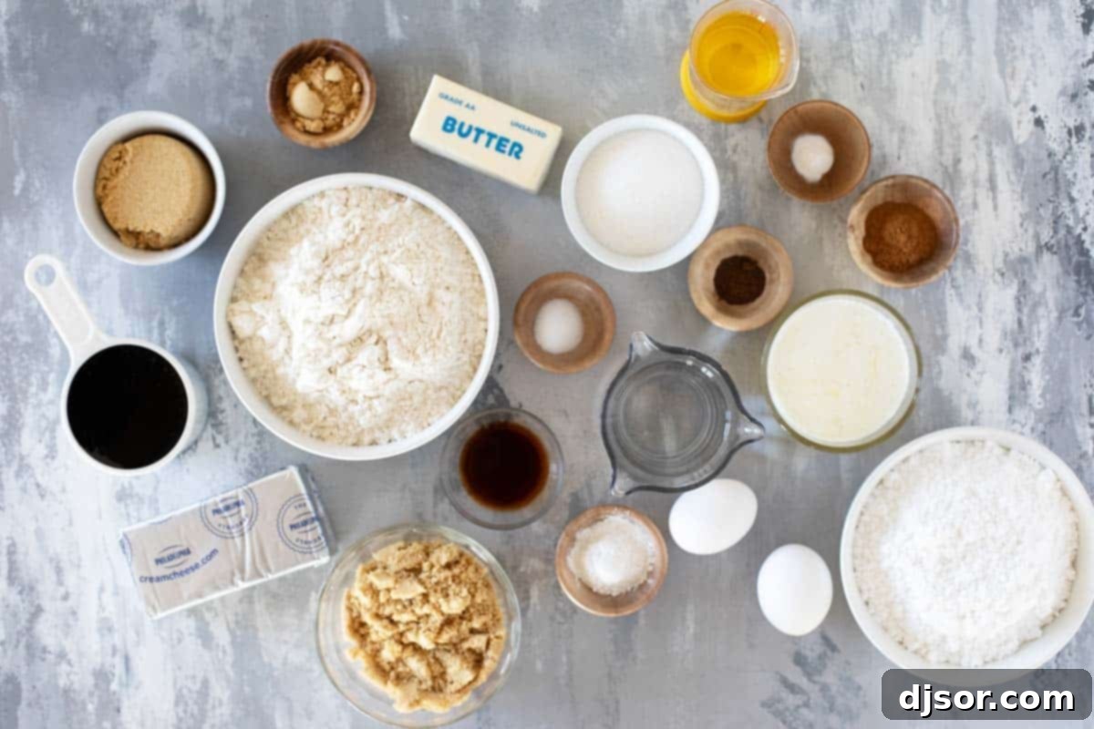 All the essential ingredients for crafting a delicious Gingerbread Cake with a decadent brown sugar cream cheese frosting.