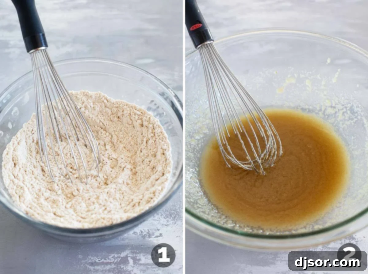 Whisking dry ingredients and mixing butter and sugar are key steps to gingerbread cake perfection.