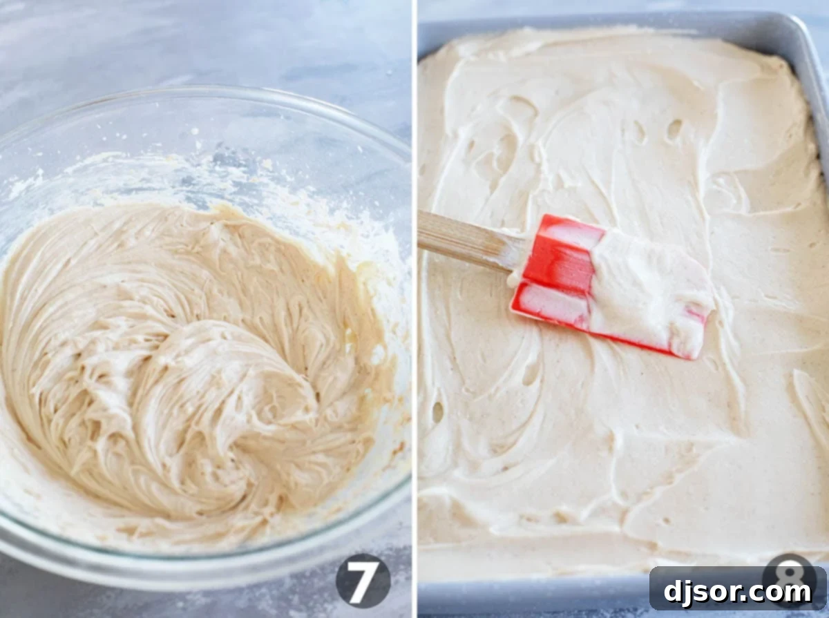 Creating and adding the brown sugar cream cheese frosting for the Gingerbread Cake.