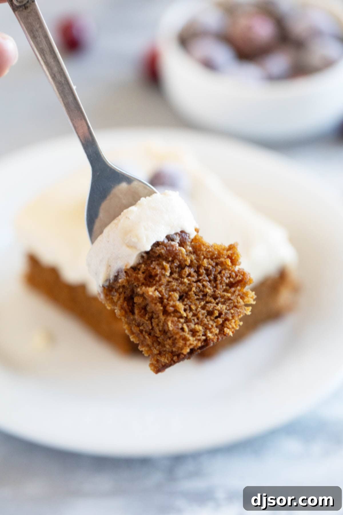 A close-up of a forkful of perfectly moist and spiced Gingerbread Cake.