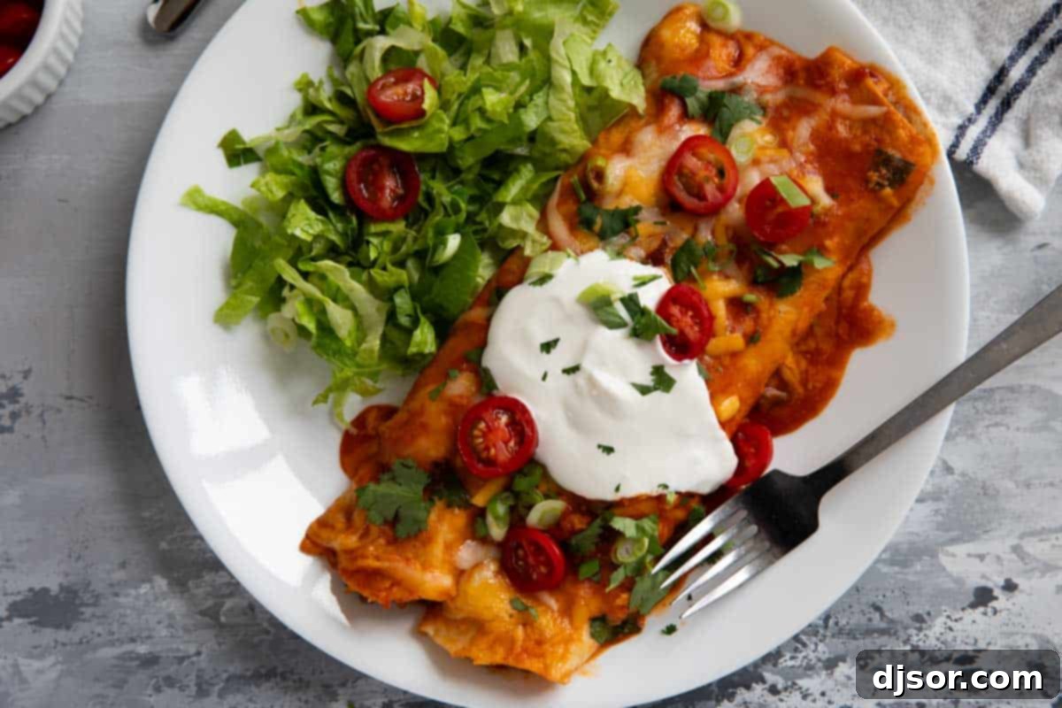Cheesy Beef Enchilada Bake 2 Two ground beef enchiladas with lettuce, tomatoes, and sour cream, elegantly plated and ready to be served.
