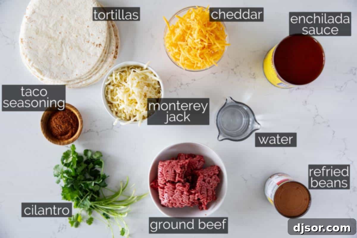 Cheesy Beef Enchilada Bake 3 Fresh ingredients laid out on a wooden table, including ground beef, tortillas, cheese, and enchilada sauce, for making ground beef enchiladas.