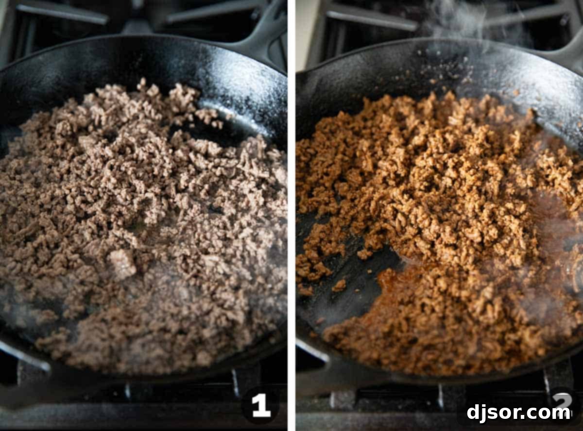 Cheesy Beef Enchilada Bake 4 Ground beef cooking in a cast iron skillet, with taco seasoning and water being added to create a flavorful enchilada filling.