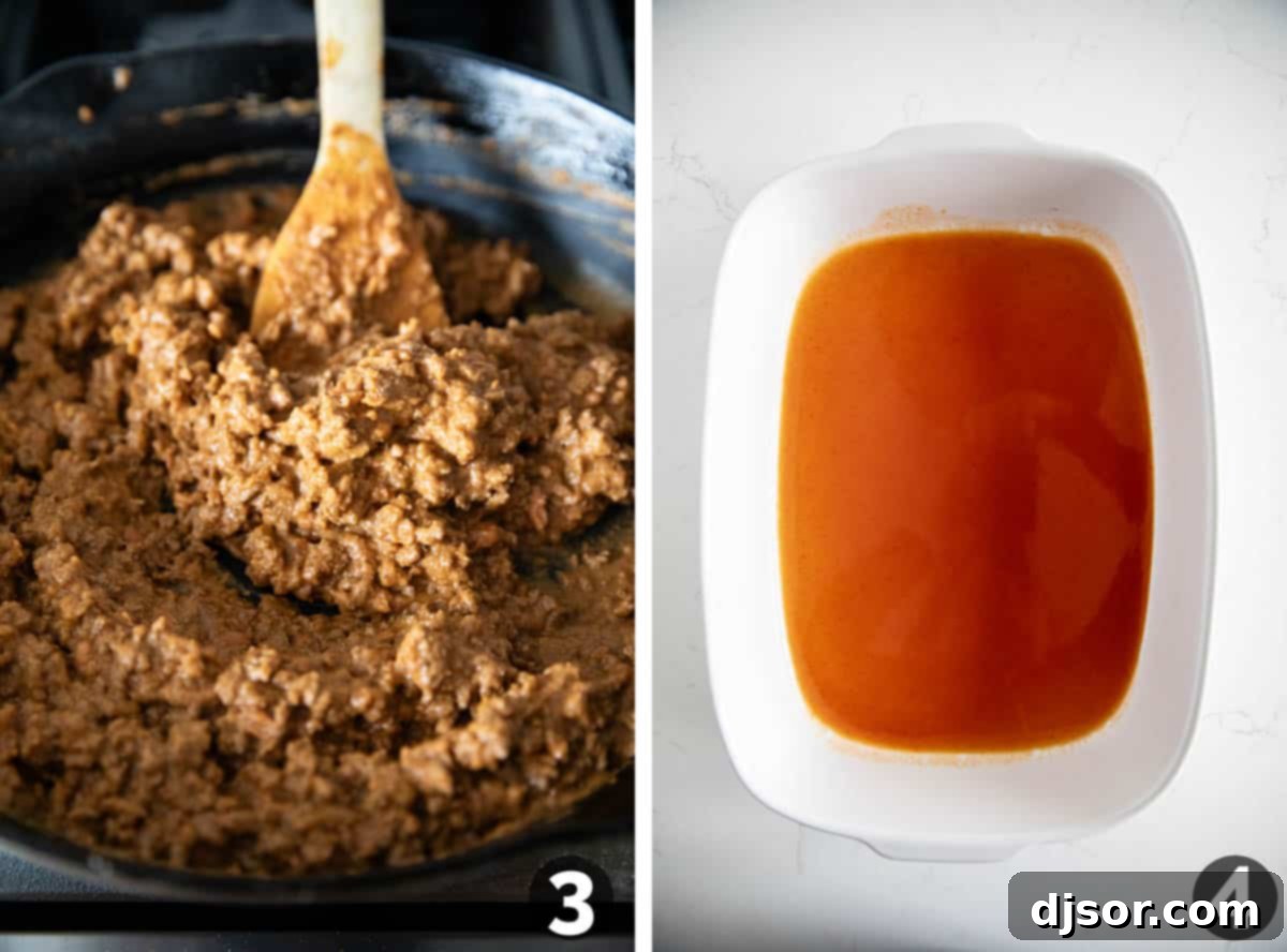 Cheesy Beef Enchilada Bake 5 Enchilada filling, a mix of seasoned ground beef and refried beans, in a skillet, next to a baking dish with a base layer of enchilada sauce.