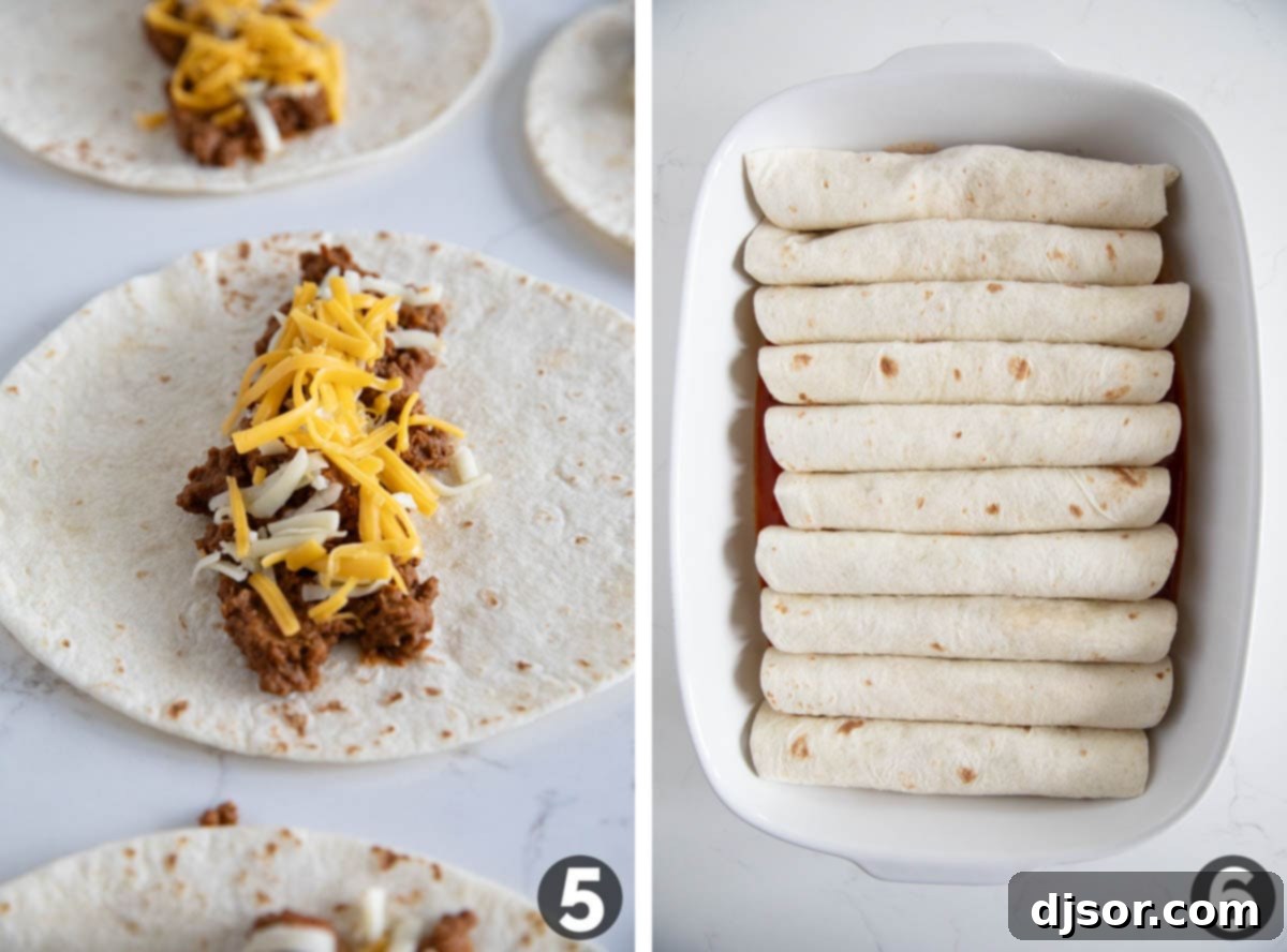 Cheesy Beef Enchilada Bake 6 A flour tortilla being filled with ground beef mixture and cheese, alongside a baking dish already containing several rolled enchiladas.