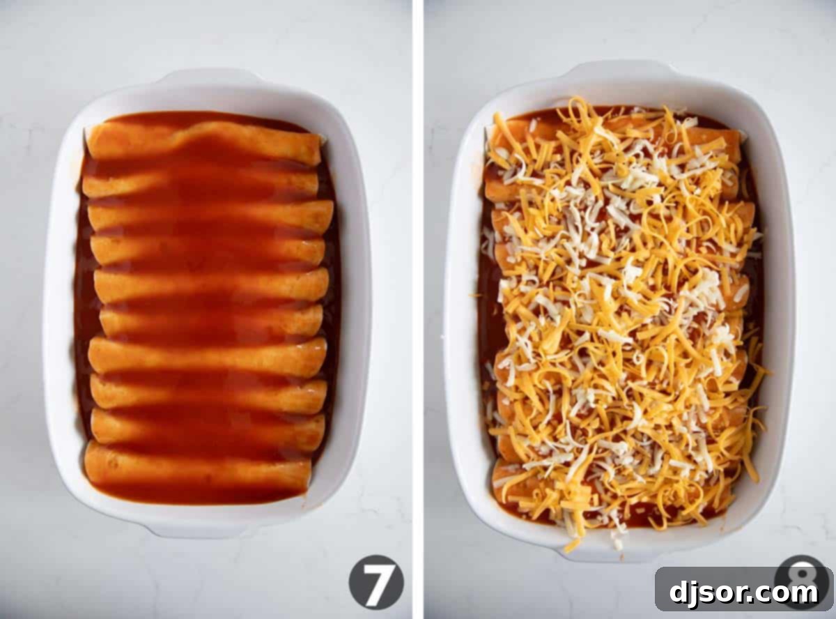 Cheesy Beef Enchilada Bake 7 A baking dish filled with rolled ground beef enchiladas, generously topped with remaining enchilada sauce and shredded cheese, ready for baking.