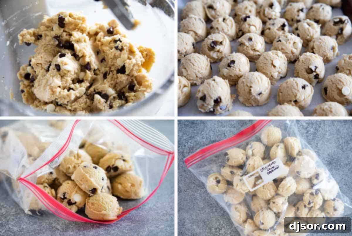 Step-by-step images showing how to portion and flash freeze cookie dough balls on a baking sheet.