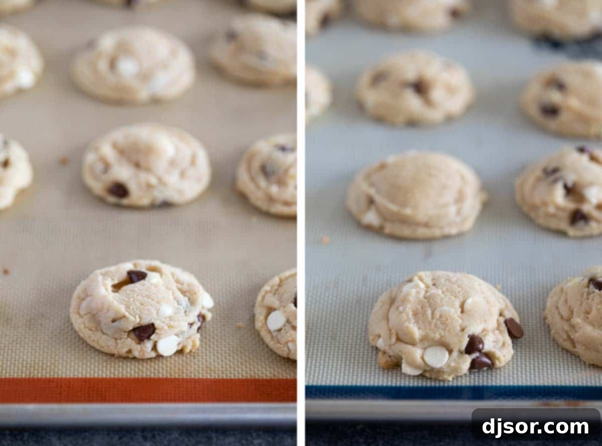 Two baked cookies on a baking sheet, illustrating the similarity between baking from frozen dough (left) and slightly thawed dough (right).