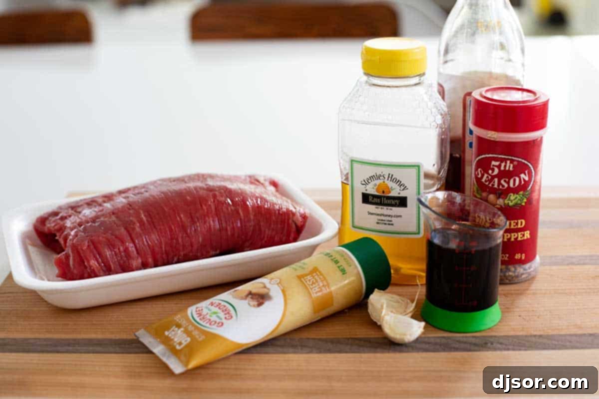 Ingredients for a delicious 6-ingredient flank steak marinade laid out.