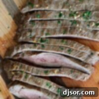 overhead view of sliced flank steak