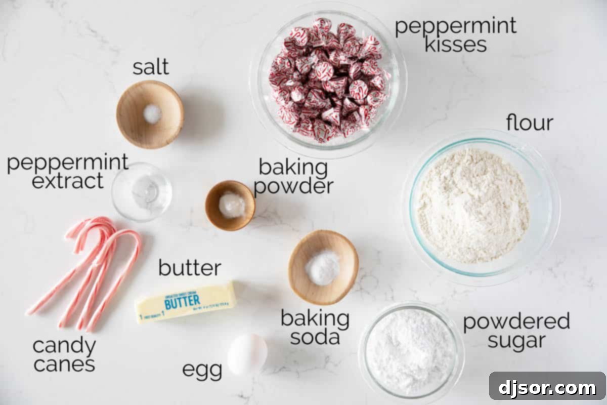 Ingredients laid out for making Peppermint Kiss Cookies.
