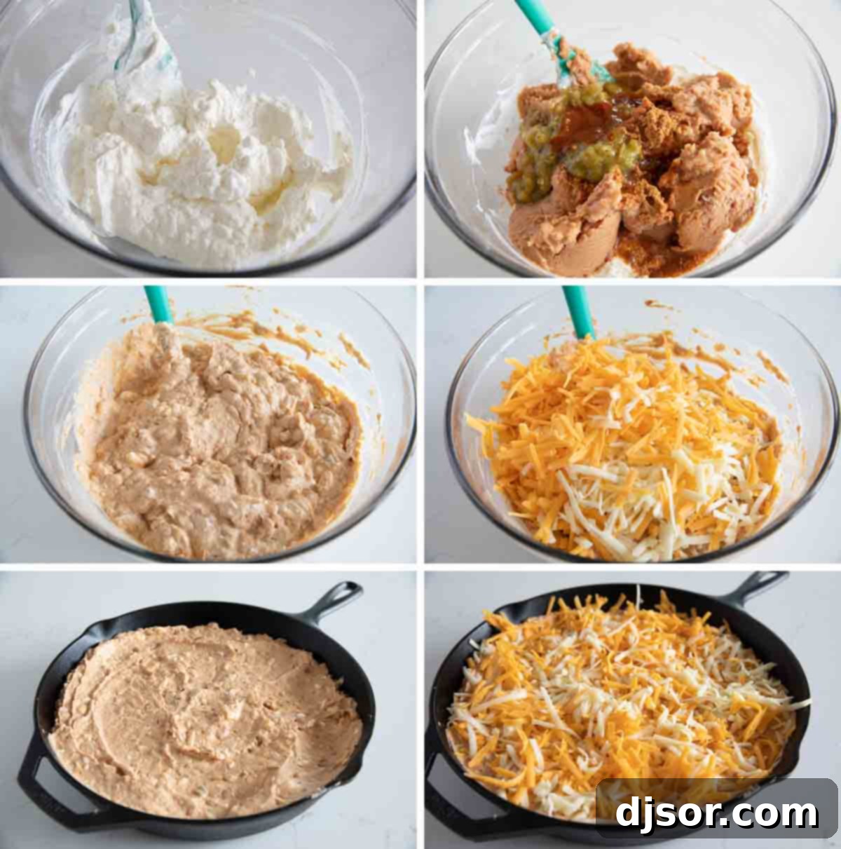 Simple Steps to Make Cheesy Bean Dip A step-by-step visual guide showing the process of mixing ingredients for homemade bean dip.