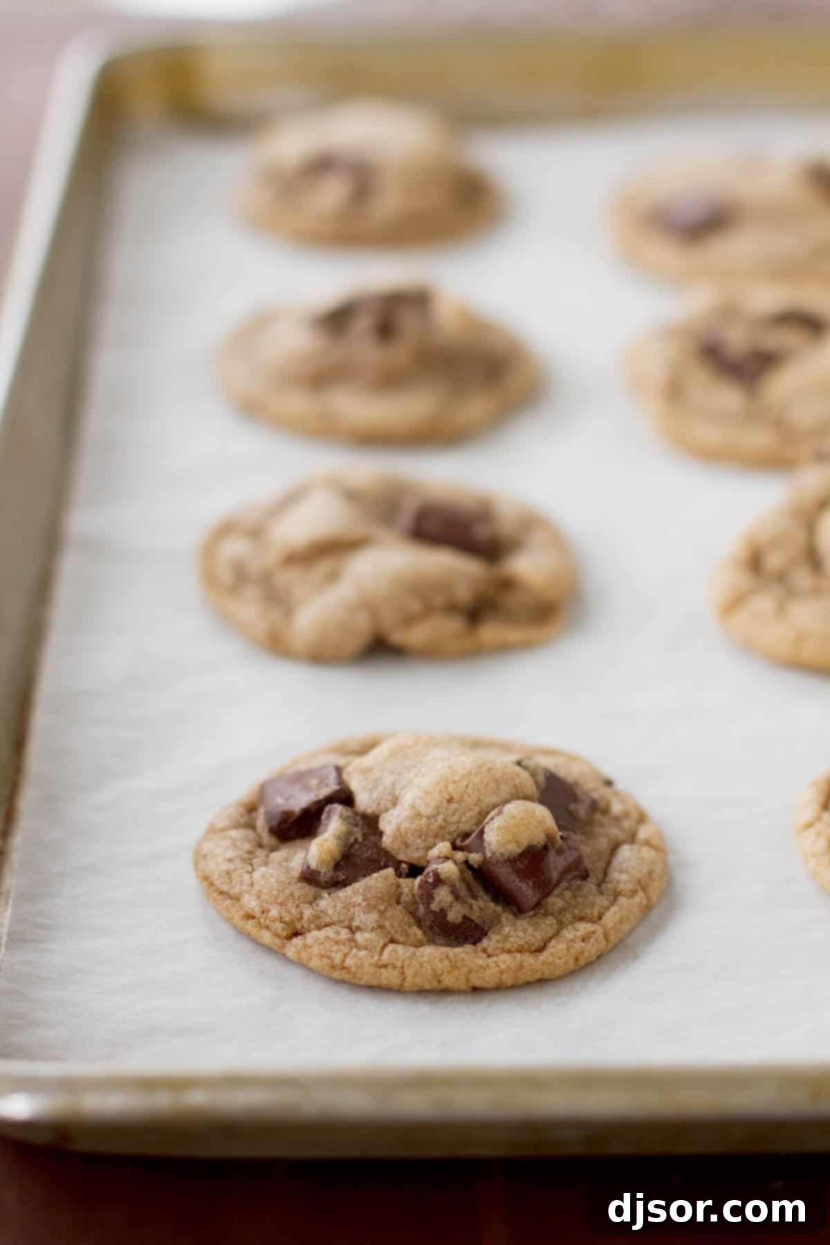 Decadent Malted Chocolate Chunk Cookies 3 Warm Malted Chocolate Chunk Cookies cooling on a metal wire rack after being freshly baked. They have golden-brown edges and soft centers.