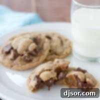 Decadent Malted Chocolate Chunk Cookies 4 Malted Chocolate Chunk Cookies on a plate, with one broken in half.