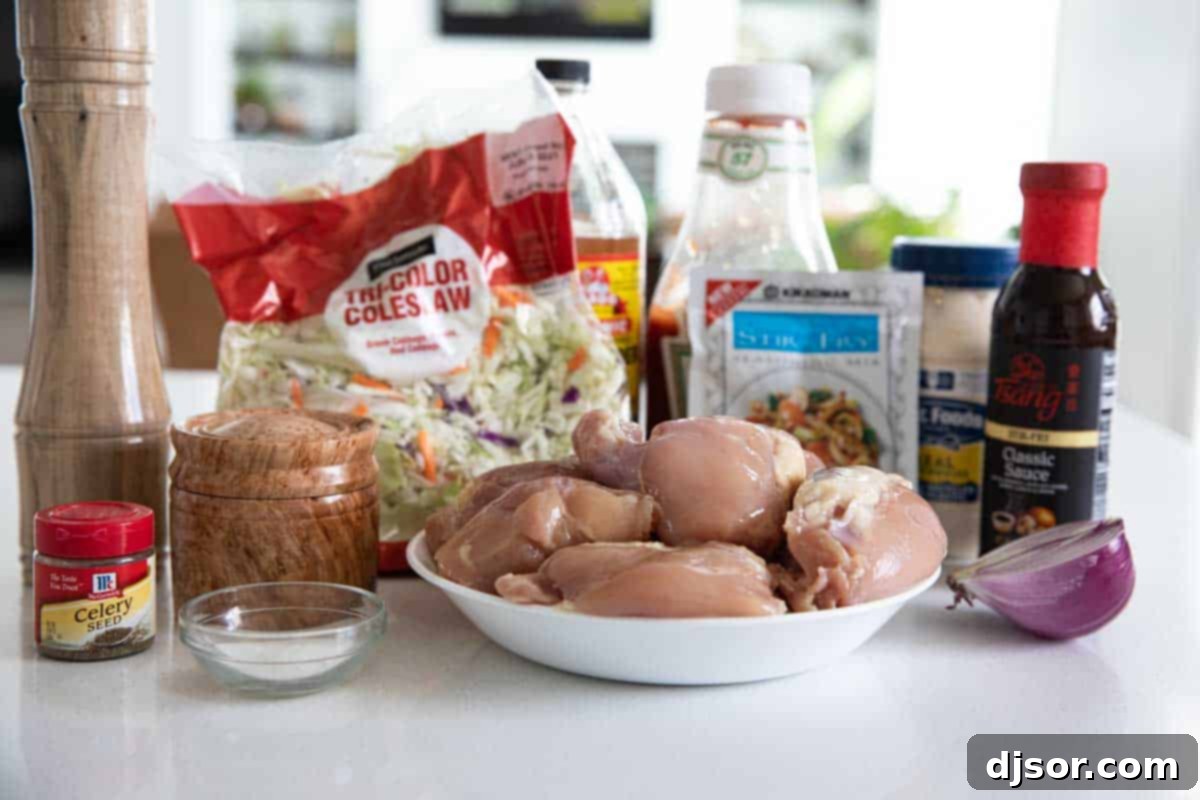A selection of fresh ingredients laid out on a clean surface, ready to be combined for the slow cooker teriyaki chicken sandwich, including chicken thighs, sauces, and coleslaw components.