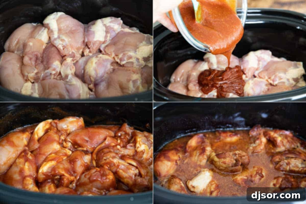 Raw chicken thighs coated in teriyaki sauce simmering gently in a slow cooker, illustrating the initial cooking phase of the recipe.