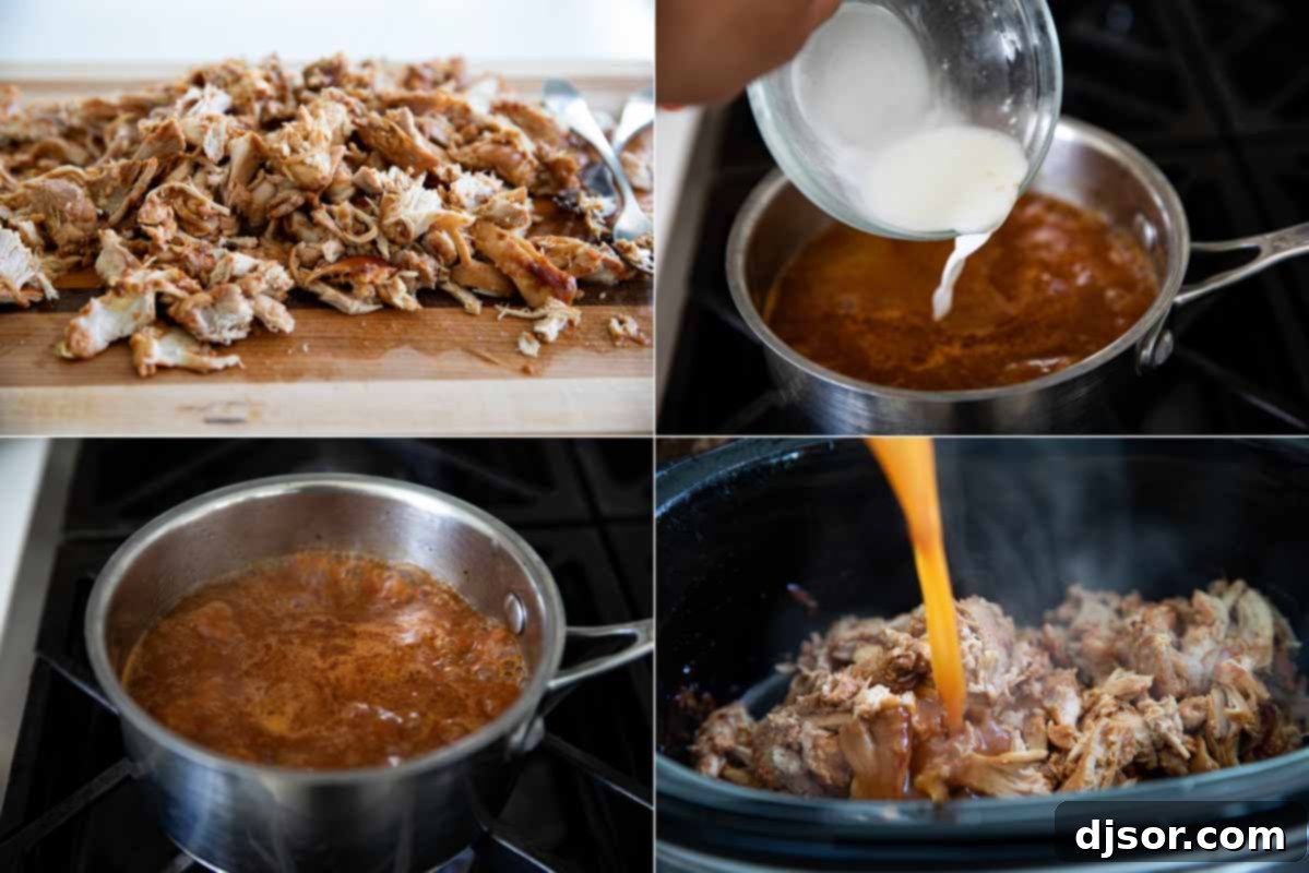 Shredded teriyaki chicken being stirred into its thickened sauce within the slow cooker, ready for serving.
